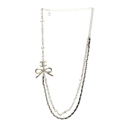 Chanel Calfskin Pearl Metal CC Bow Necklace Gold White Black 3 of 7