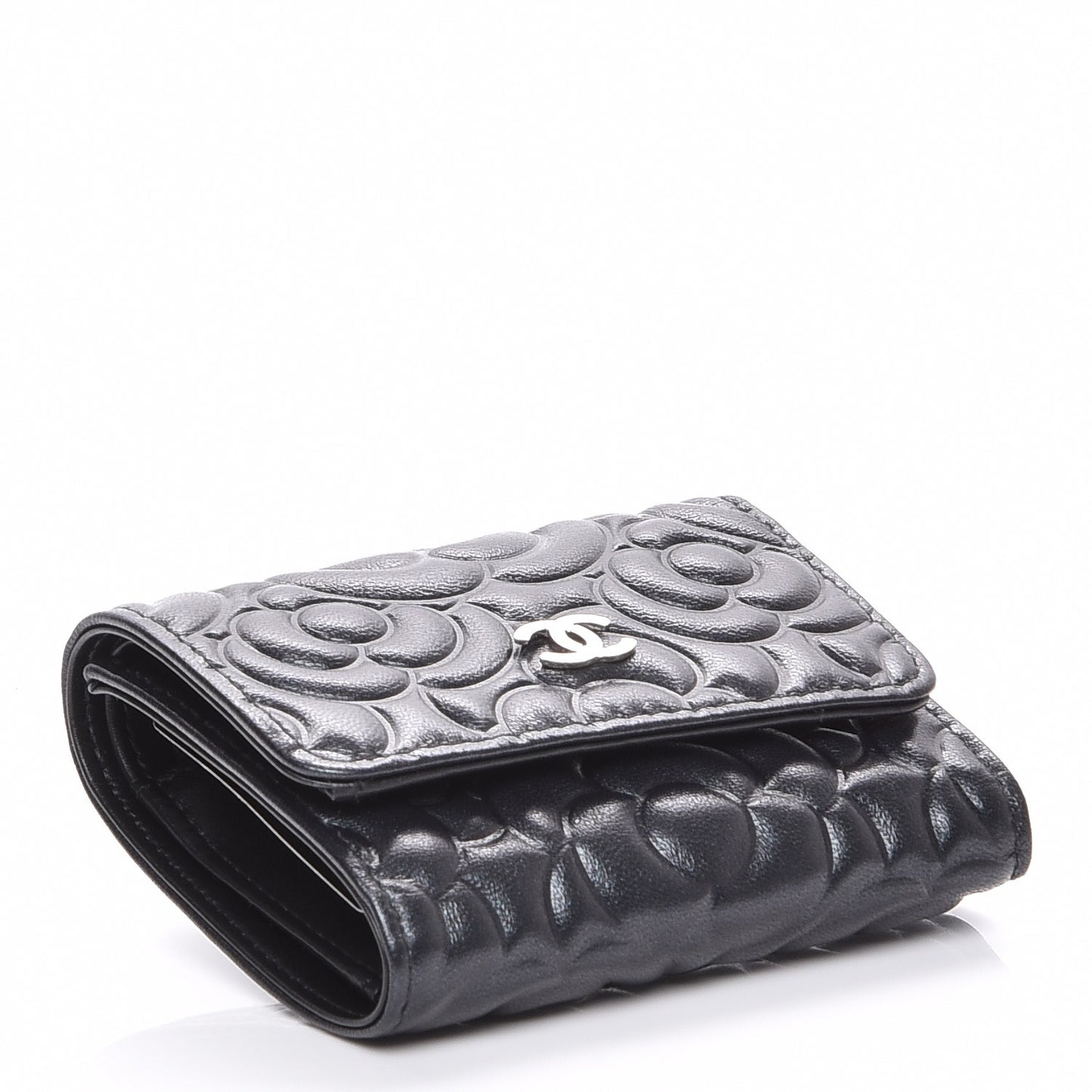 Lambskin Camellia Embossed Small Double Wallet Black
