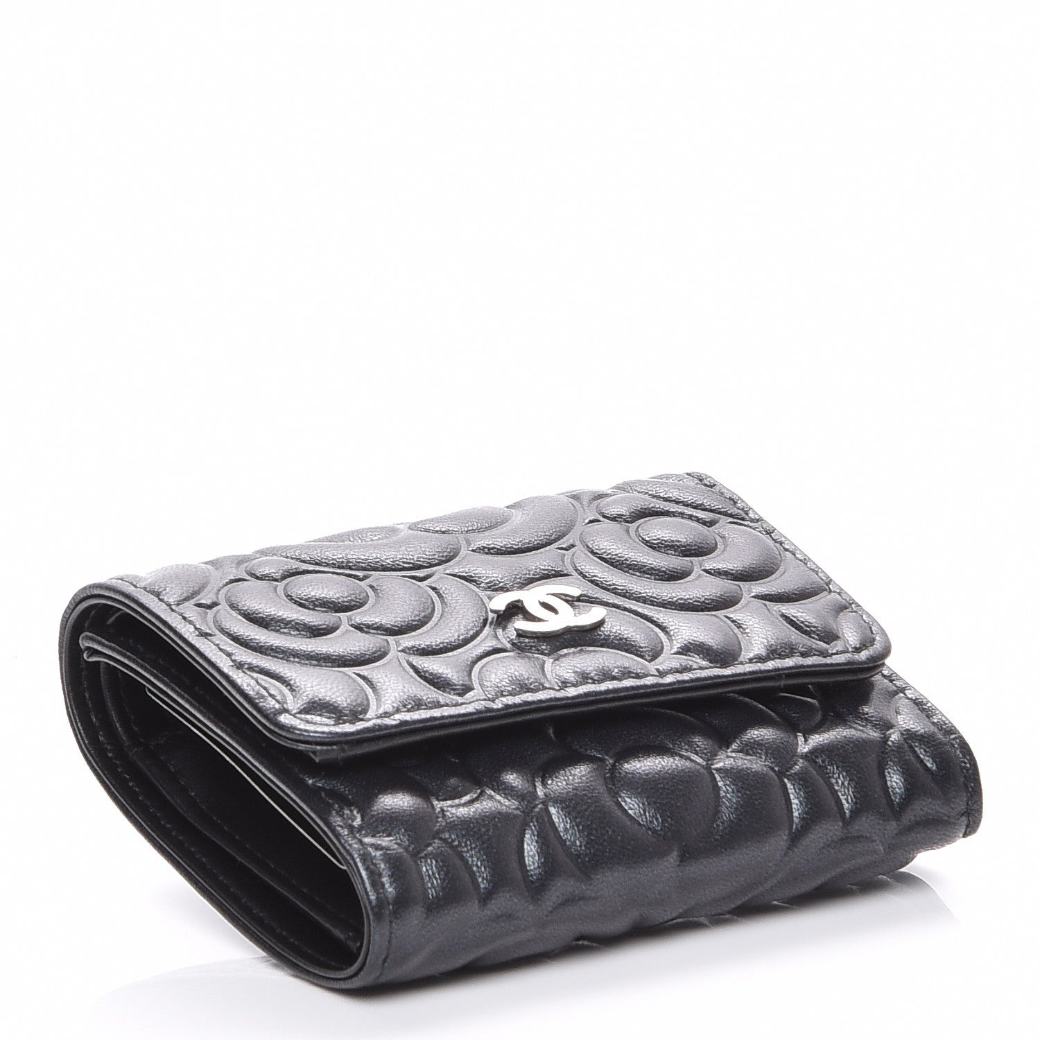 Chanel Lambskin Camellia Embossed Small Double Wallet Black 4 of 8
