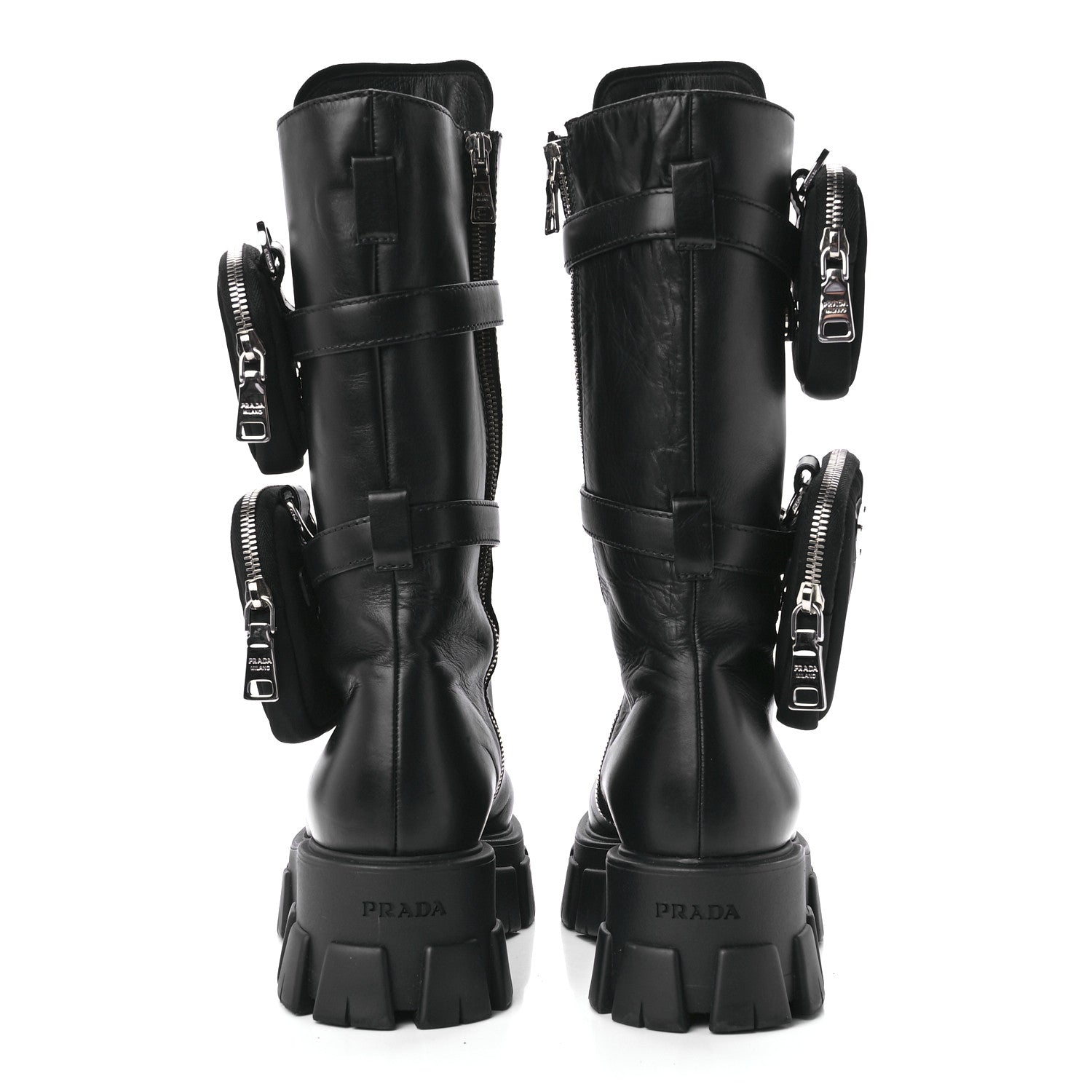 Prada Vitello Lux Nylon Metal Triangle Logo Monolith Pouch Pocket 55mm Tall Combat Boots 40 Black 5 of 10