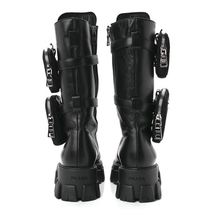 Prada Vitello Lux Nylon Metal Triangle Logo Monolith Pouch Pocket 55mm Tall Combat Boots 40 Black 5 of 10