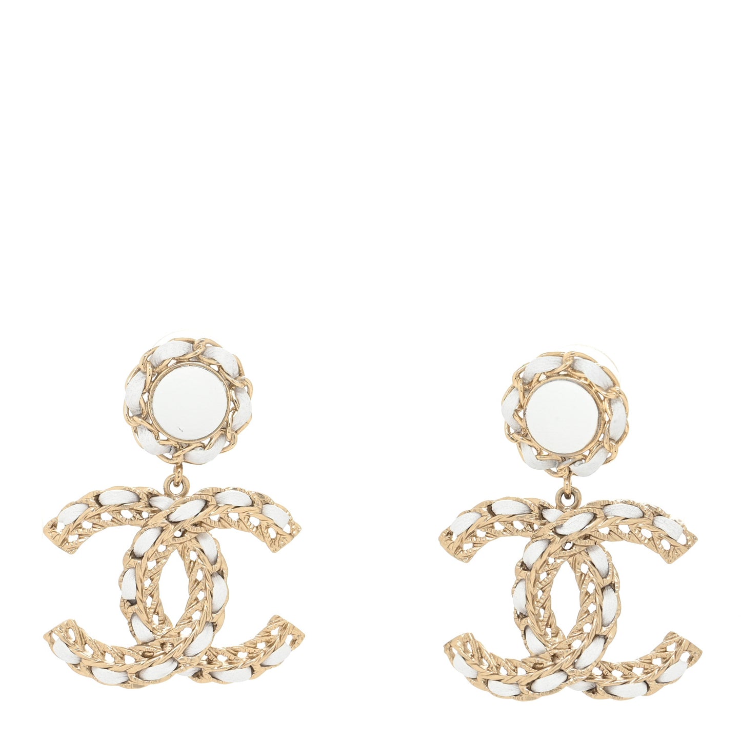 Lambskin Metal Chain CC Drop Earrings White Gold