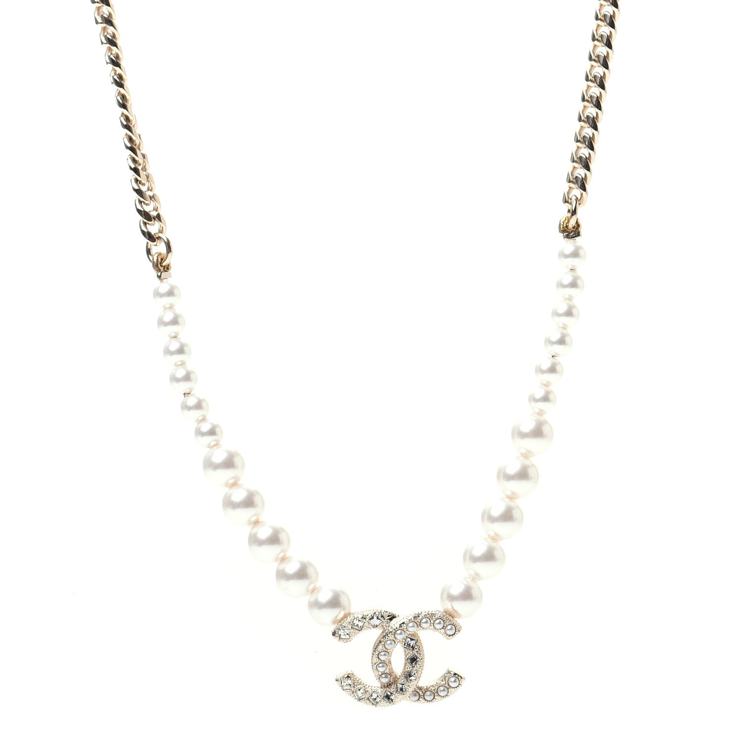 Chanel Pearl Crystal Chain CC Necklace Gold 1 of 6