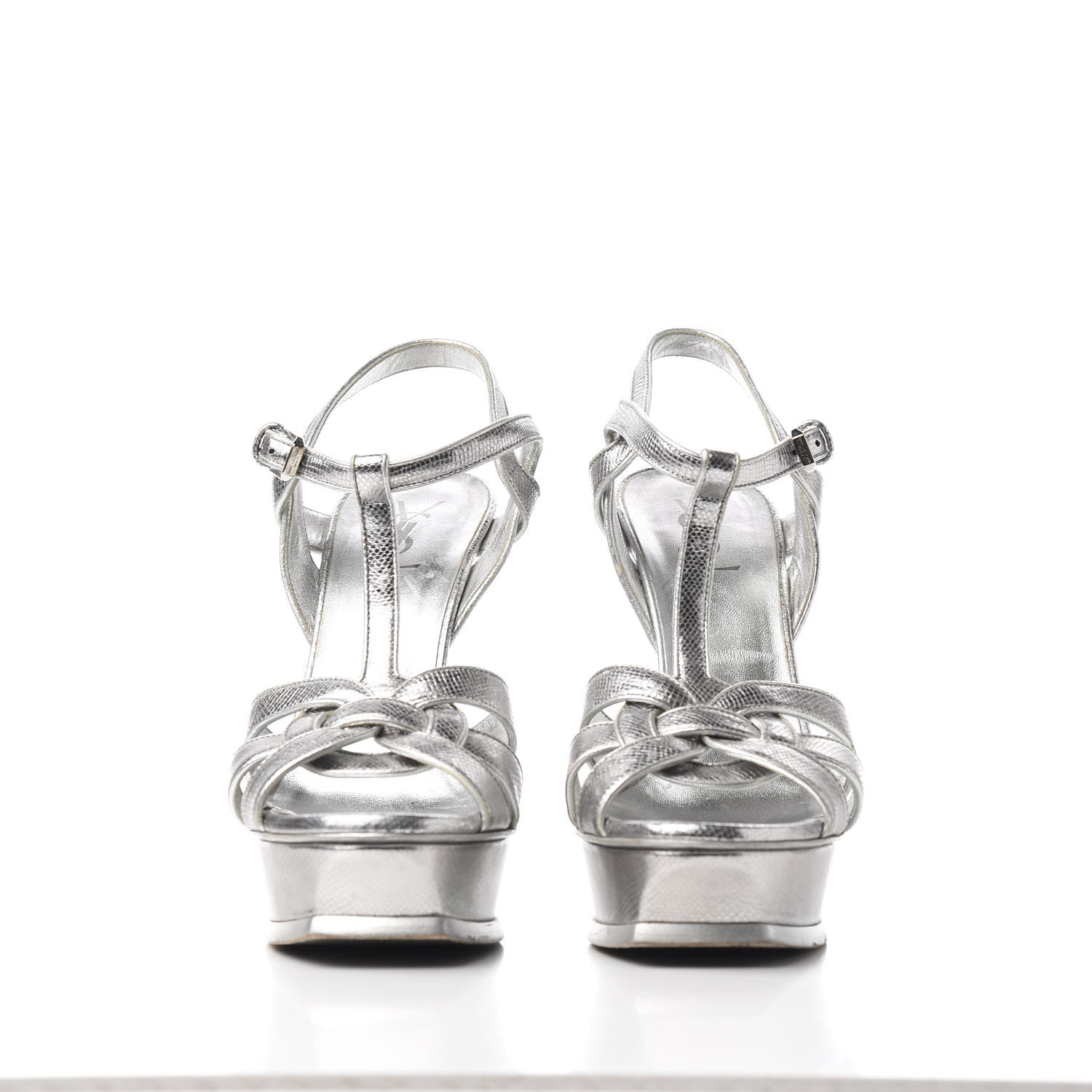 Saint Laurent Metallic Calfskin Tribute 105 Platform Sandals 40.5 Silver 3 of 11
