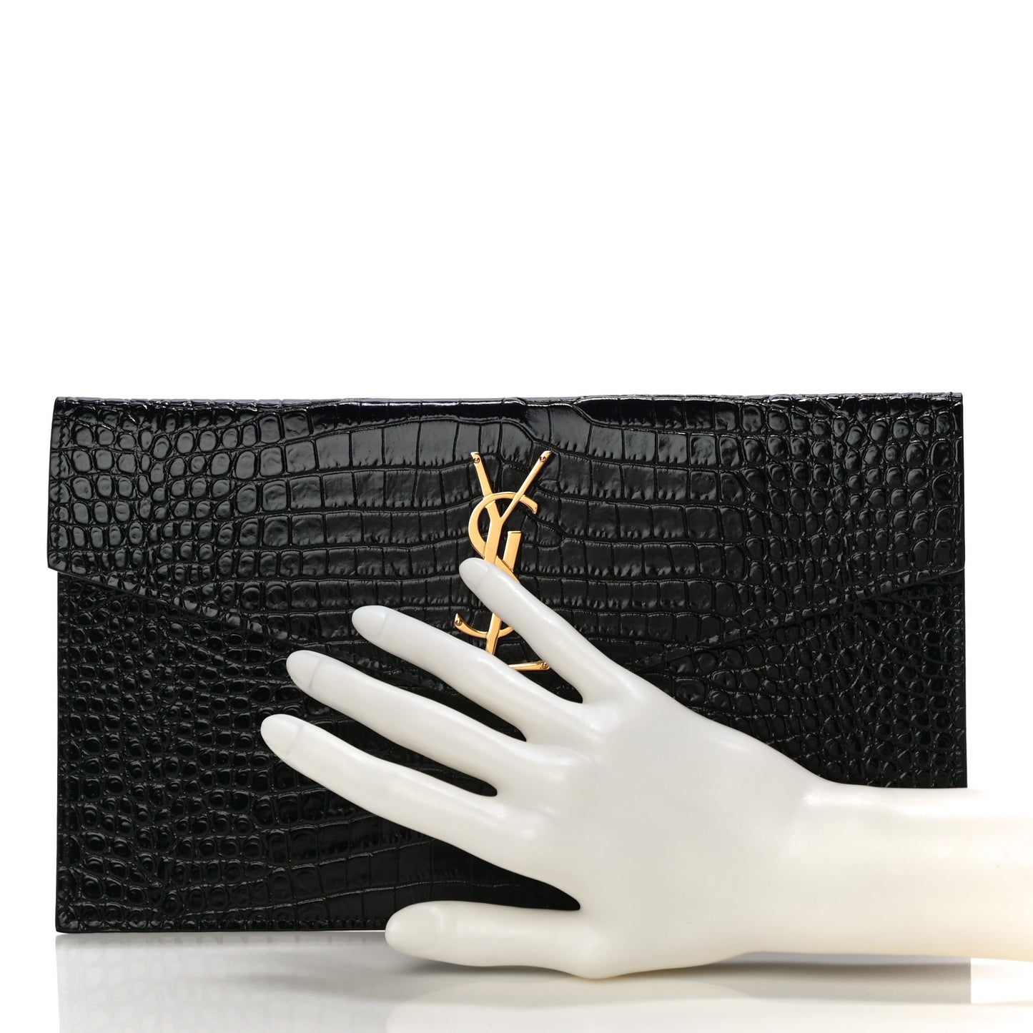 Calfskin Crocodile Embossed Uptown Monogram Clutch Black