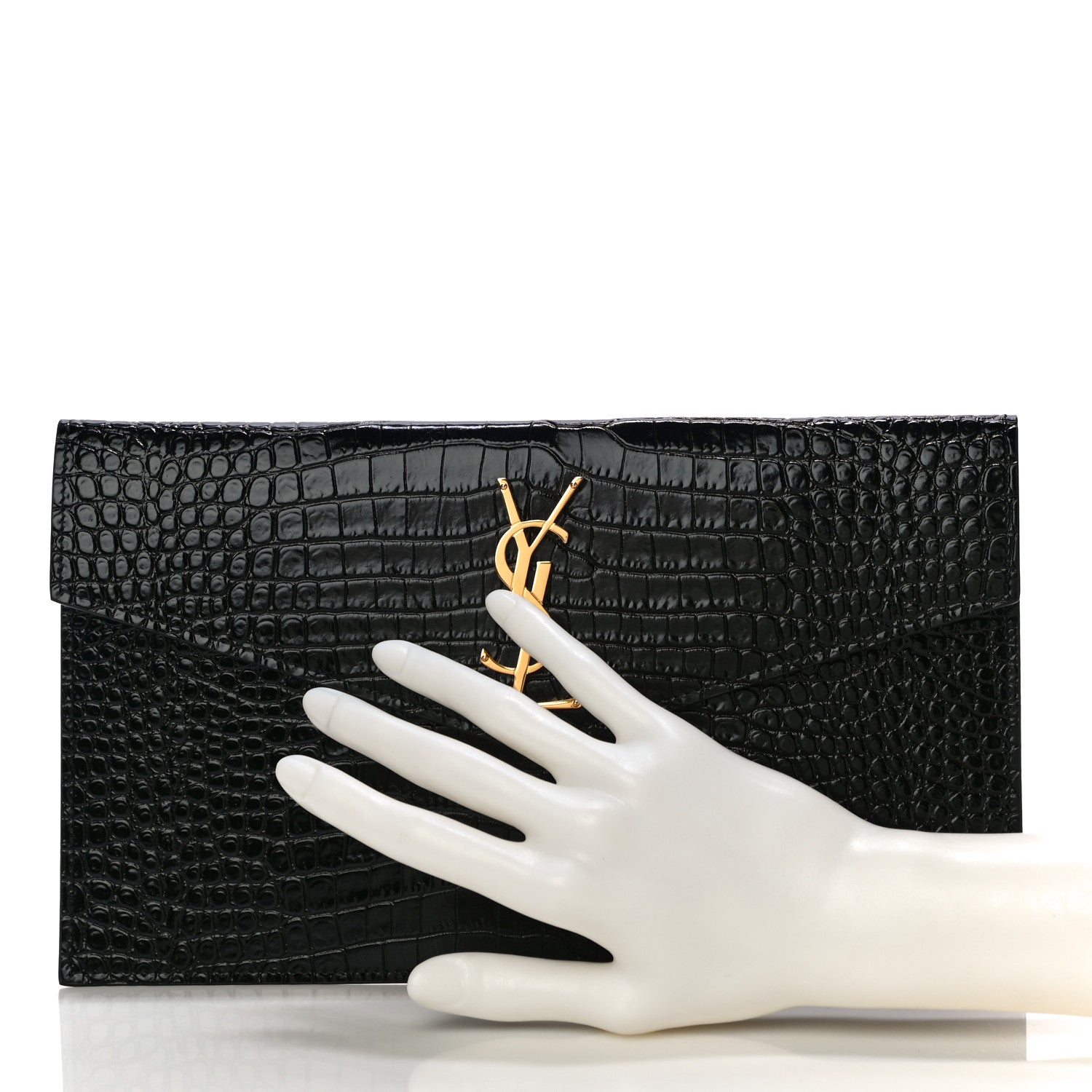 Saint Laurent Calfskin Crocodile Embossed Uptown Monogram Clutch Black 2 of 10