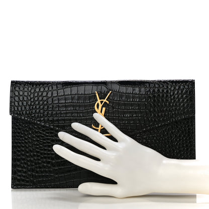 Saint Laurent Calfskin Crocodile Embossed Uptown Monogram Clutch Black 2 of 10