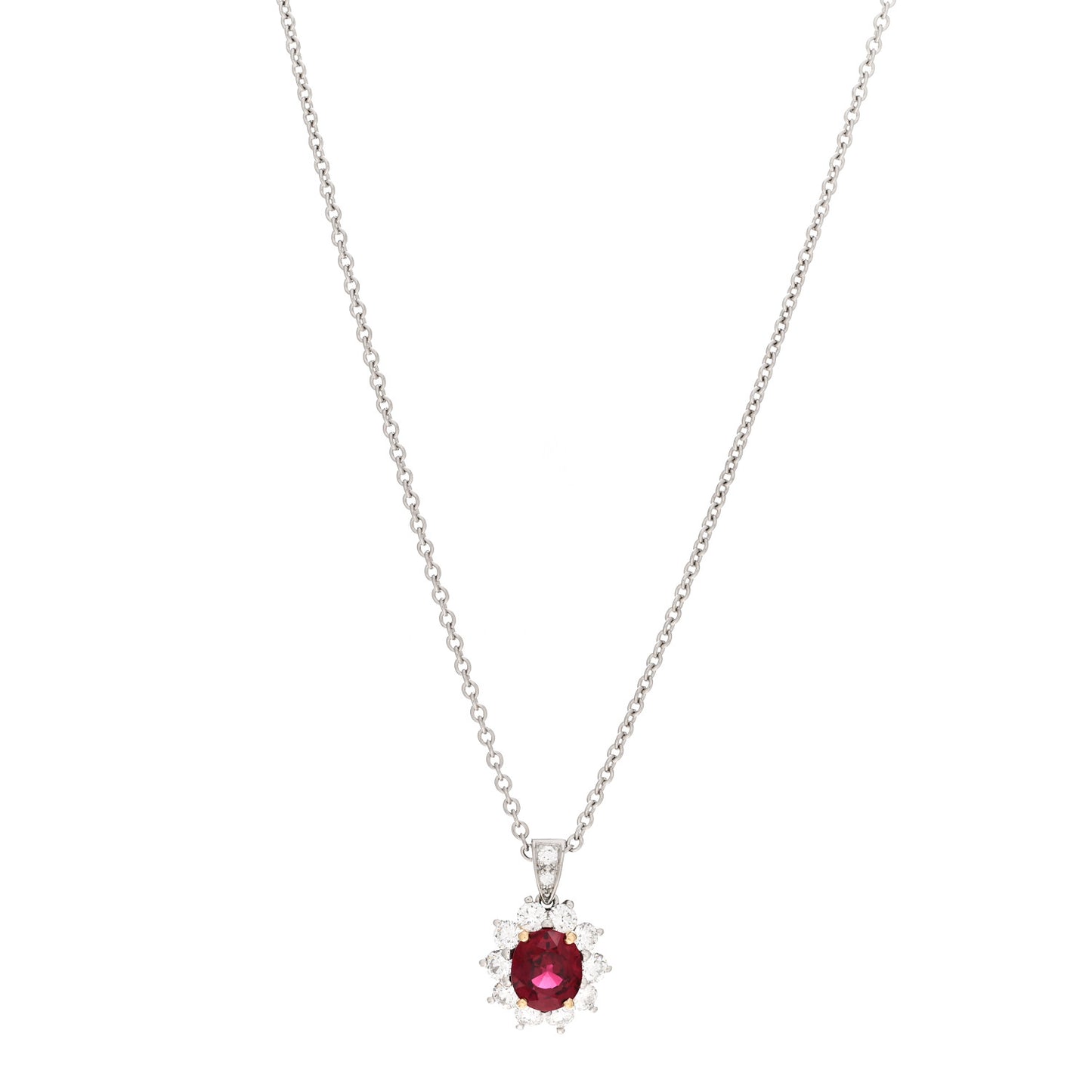 Platinum Diamond Ruby Halo Pendant Necklace