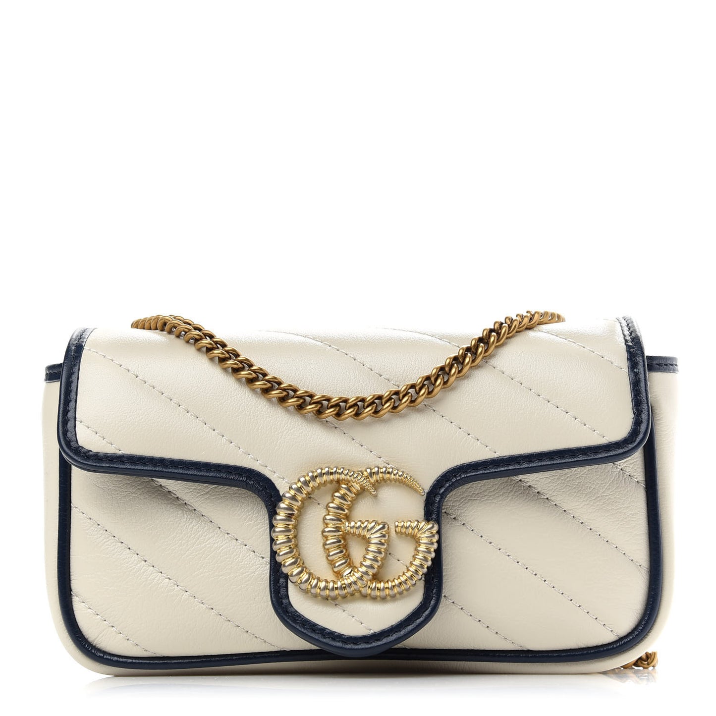 Vintage Effect Calfskin Matelasse Diagonal Super Mini Torchon GG Marmont Shoulder Bag Mystic White Blue Agata
