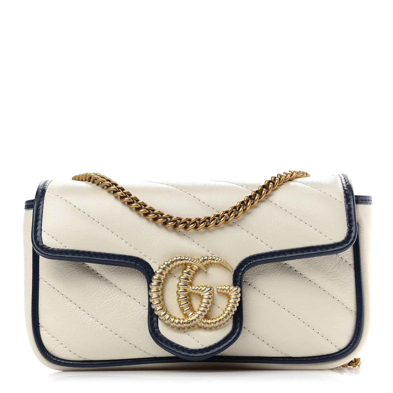Gucci Vintage Effect Calfskin Matelasse Diagonal Super Mini Torchon GG Marmont Shoulder Bag Mystic White Blue Agata 1 of 9