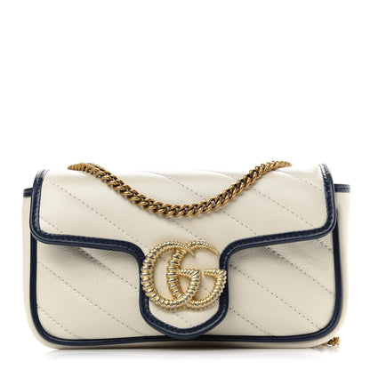 Gucci Vintage Effect Calfskin Matelasse Diagonal Super Mini Torchon GG Marmont Shoulder Bag Mystic White Blue Agata 1 of 9