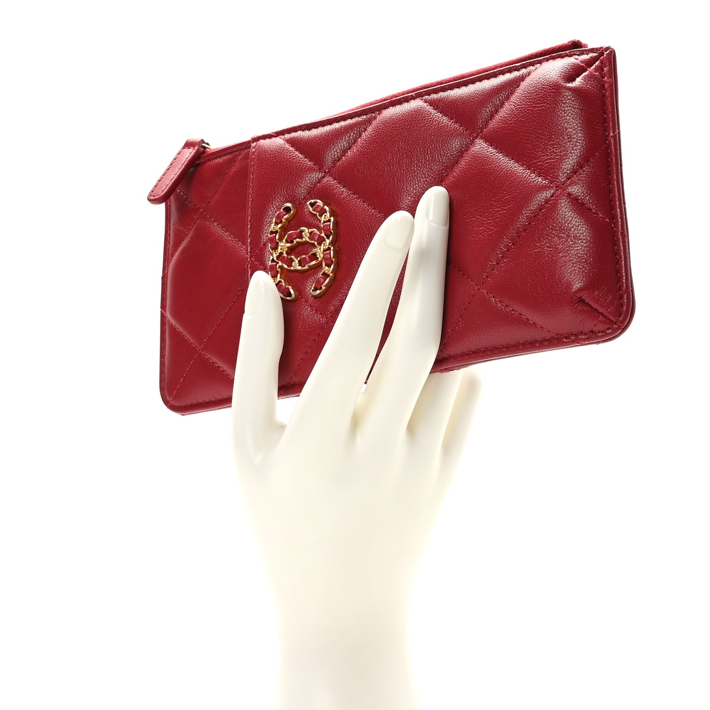 Shiny Goatskin Quilted Chanel 19 Phone and Card Holder Red