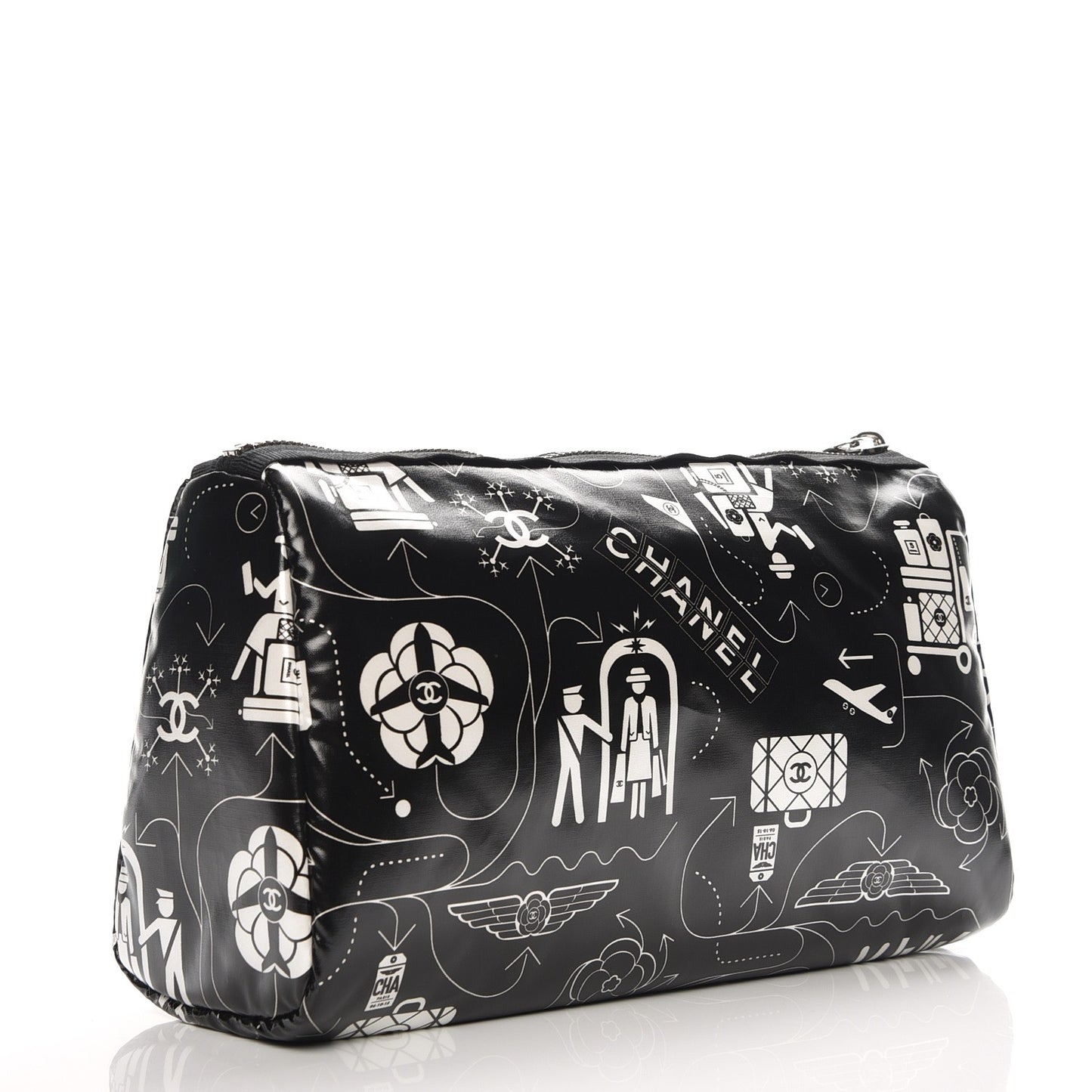 Coated Canvas Airline Cosmetic Pouch Black White