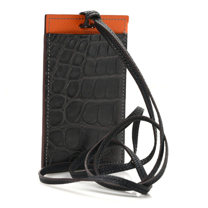 Hermes Matte Crocodile Epsom Petit H Lanyard Card Holder Graphite Orange 3 of 7