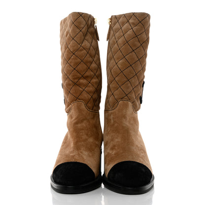 Chanel Suede Quilted CC High Boots 37 Dark Beige Black 2 of 9