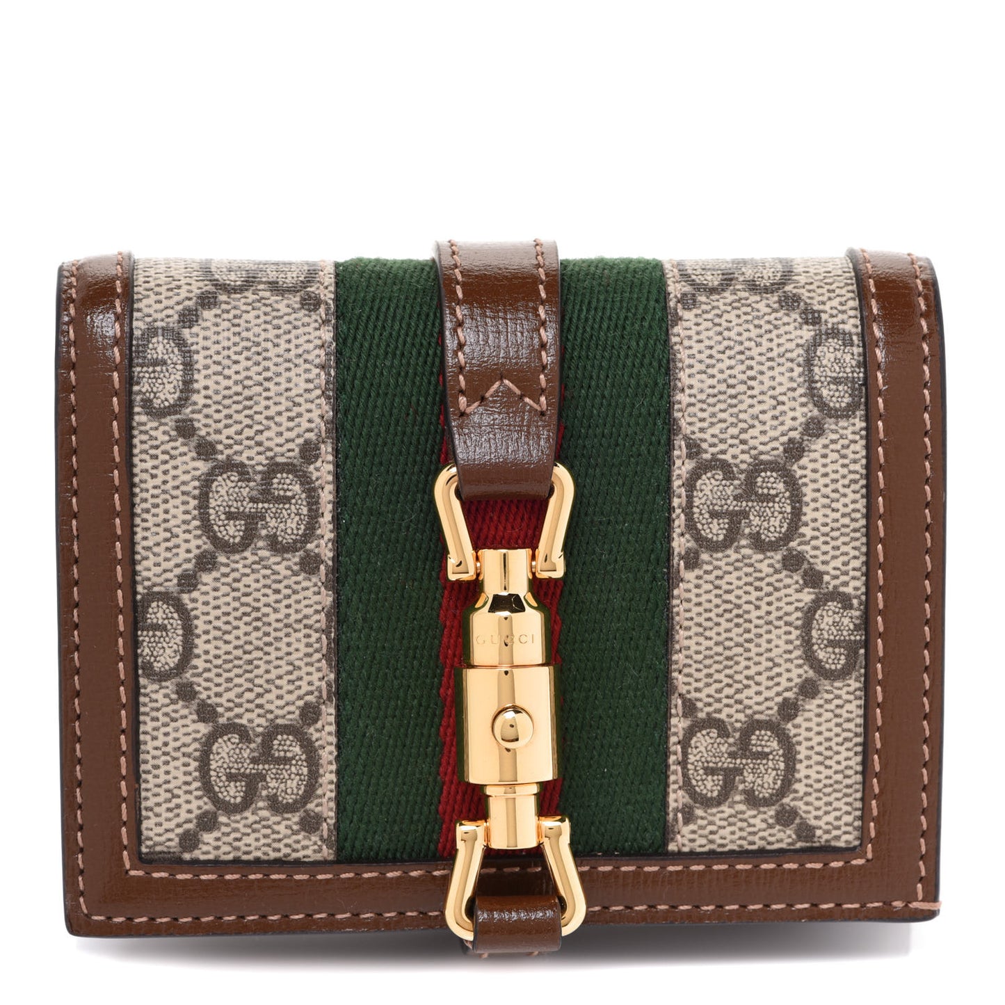 GG Supreme Monogram Textured Calfskin Web Jackie 1961 Card Case Beige Ebony Brown Sugar