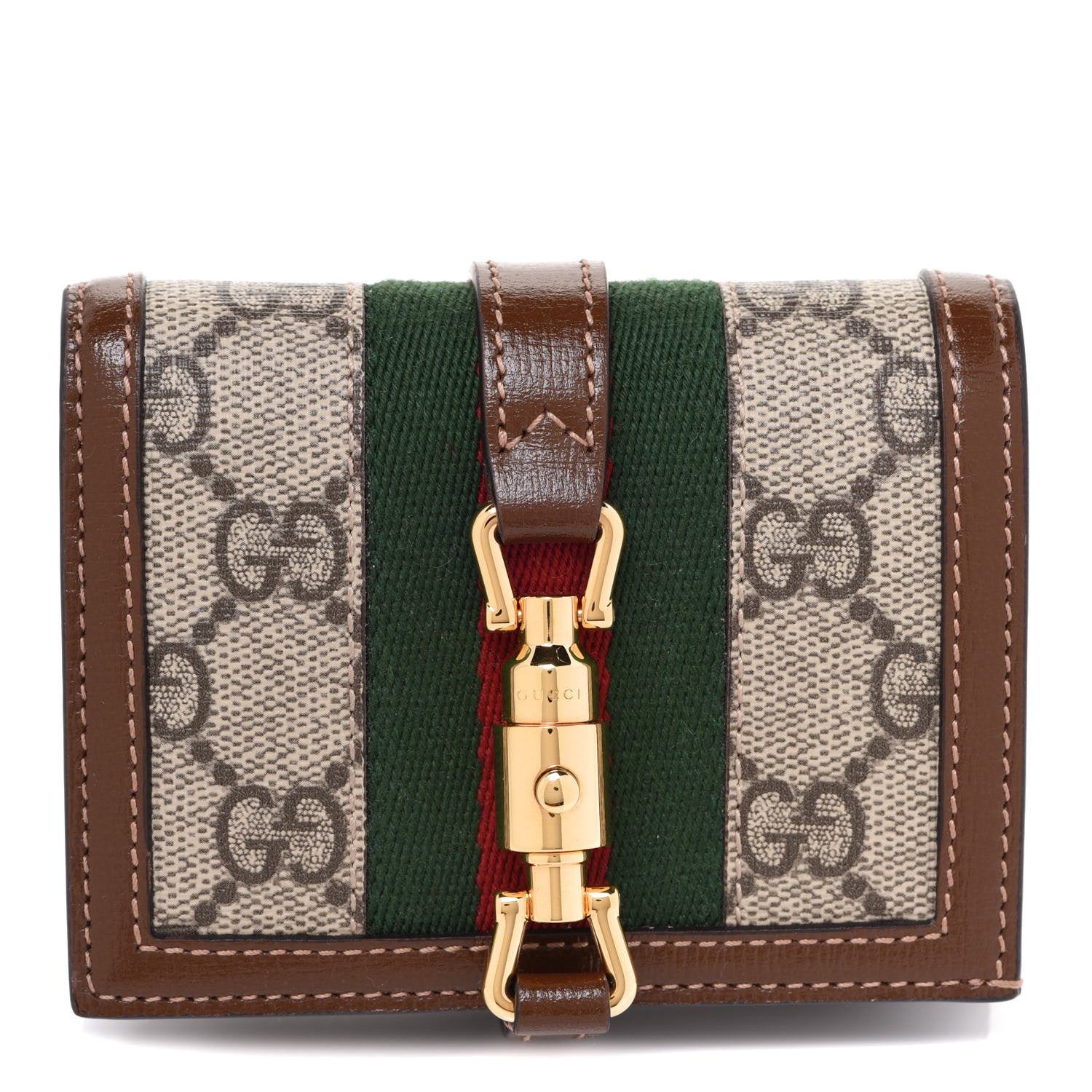 Gucci GG Supreme Monogram Textured Calfskin Web Jackie 1961 Card Case Beige Ebony Brown Sugar 1 of 7