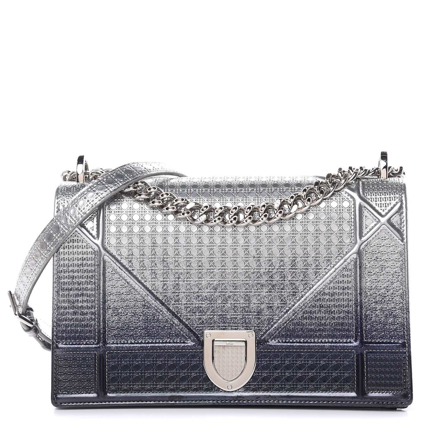 Christian Dior Metallic Patent Micro-Cannage Gradient Medium Diorama Flap Bag Silver Blue 1 of 12