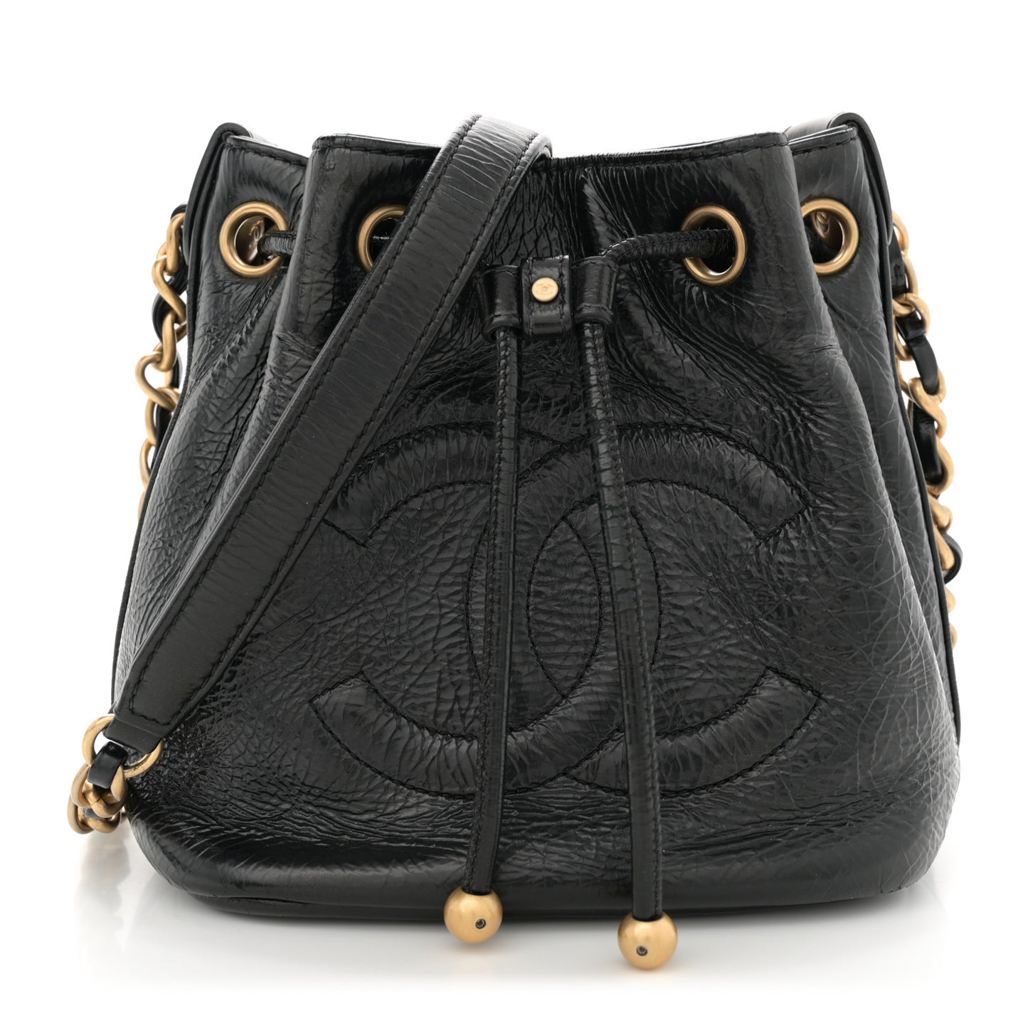 Shiny Aged Calfskin CC Chain Mini Drawstring Bag Black