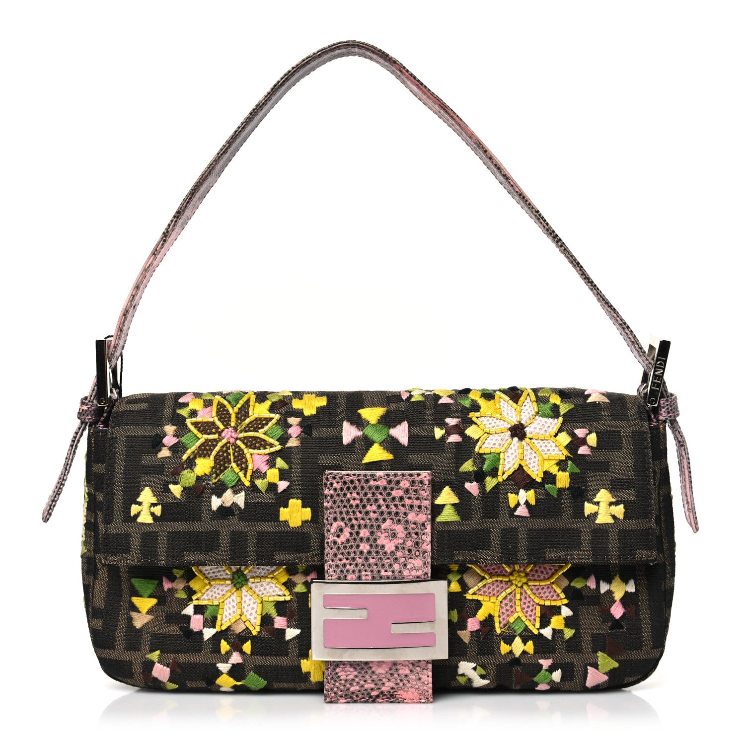 Fendi Lizard Zucca Floral Embroidered Baguette Tobacco Pink Multicolor 1 of 9