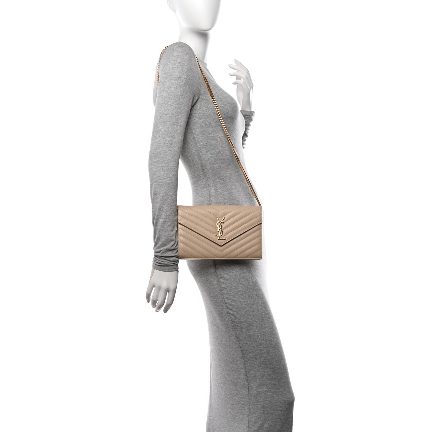 Grain De Poudre Matelasse Chevron Monogram Chain Wallet Dark Beige