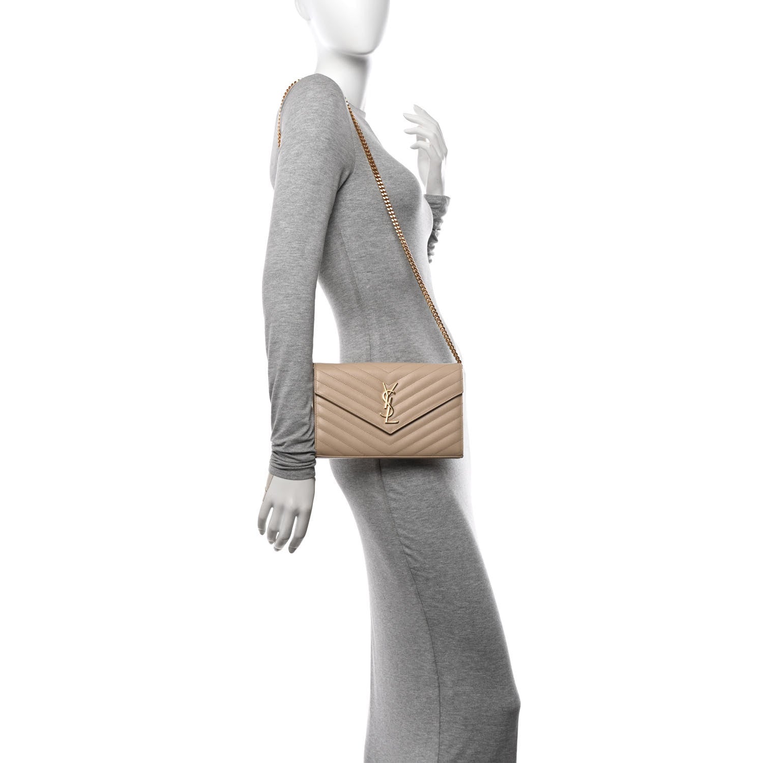 Saint Laurent Grain De Poudre Matelasse Chevron Monogram Chain Wallet Dark Beige 2 of 11