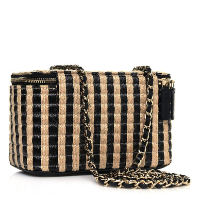 Chanel Raffia Jute Striped Small Vanity Case With Chain Black Beige 3 of 13