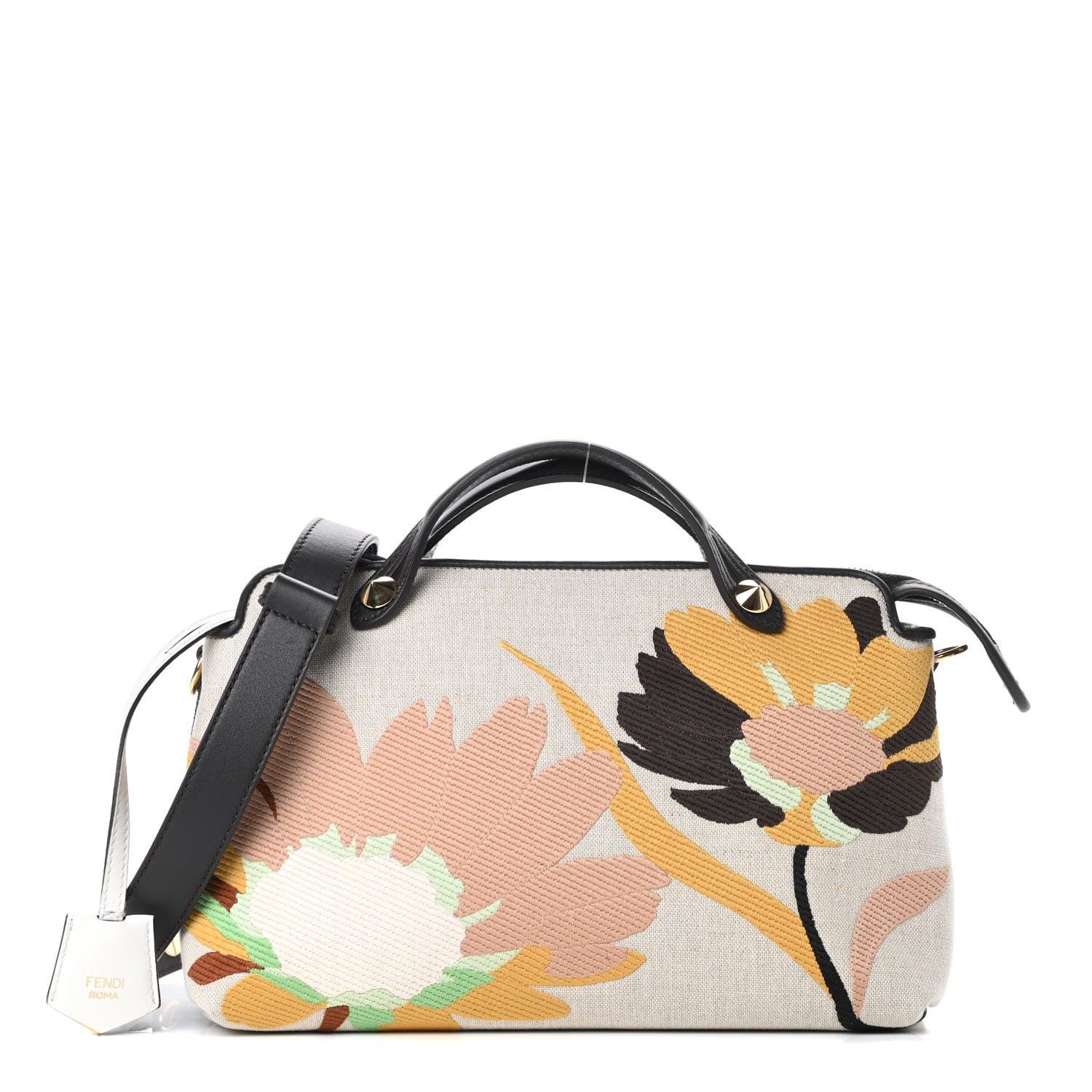 Fendi Canvas Vitello Dolce Psychedelic Flowers Embroidered Medium By The Way Boston Bag Multicolor Ebano 1 of 10