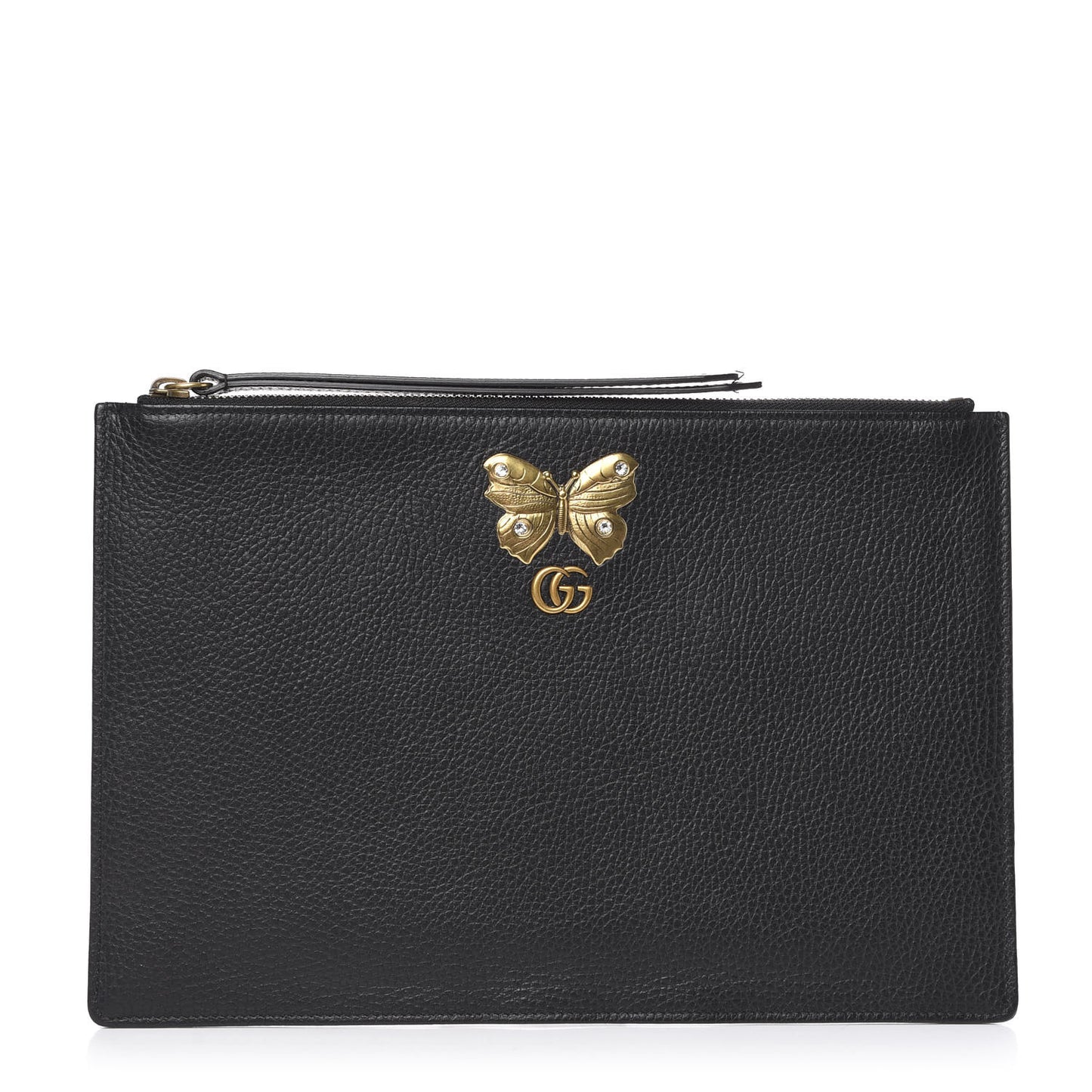 Pebbled Calfskin Butterfly Zip Pouch Black