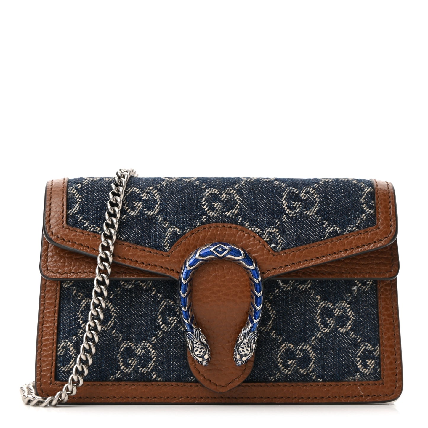 New Denim GG Monogram Dollar Calfskin Enamel Super Mini Dionysus Shoulder Bag Blue Tea Cuir Epilog Electric Blue