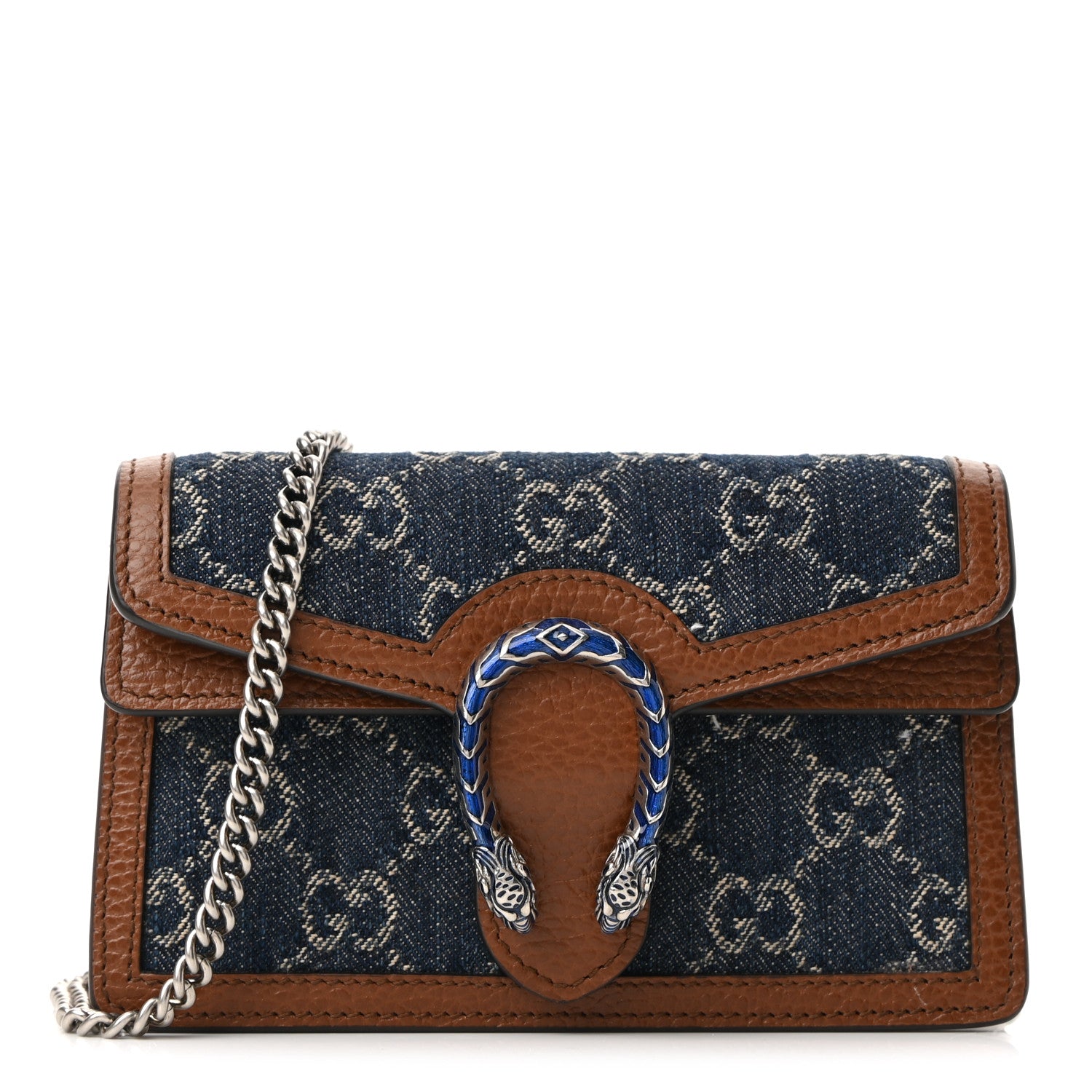 Gucci New Denim GG Monogram Dollar Calfskin Enamel Super Mini Dionysus Shoulder Bag Blue Tea Cuir Epilog Electric Blue 1 of 10