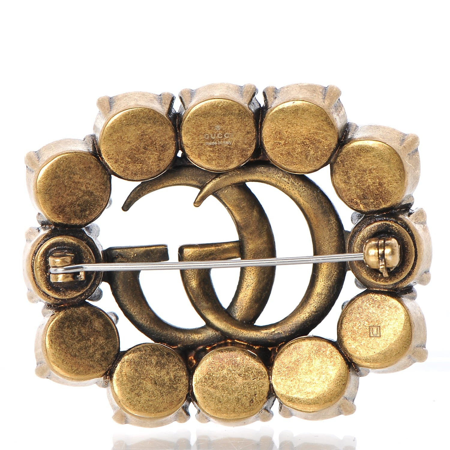 Gucci Metal Crystal Double G Brooch Aged Gold 3 of 5