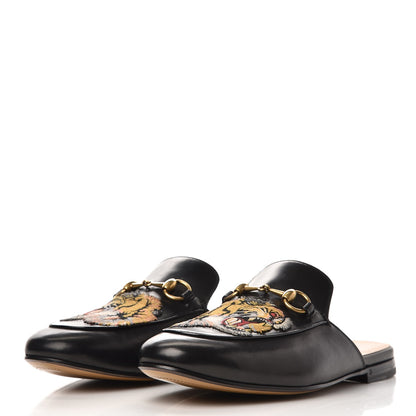 Gucci Calfskin Tiger Embroidered Mens Princetown Slippers 7 Black 3 of 9