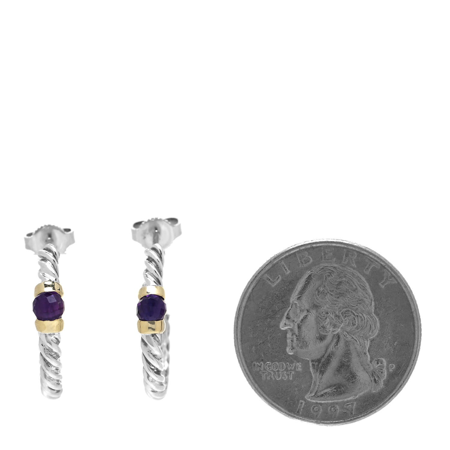 David Yurman Sterling Silver 14K Yellow Gold Amethyst Metro Hoop Earrings 2 of 4