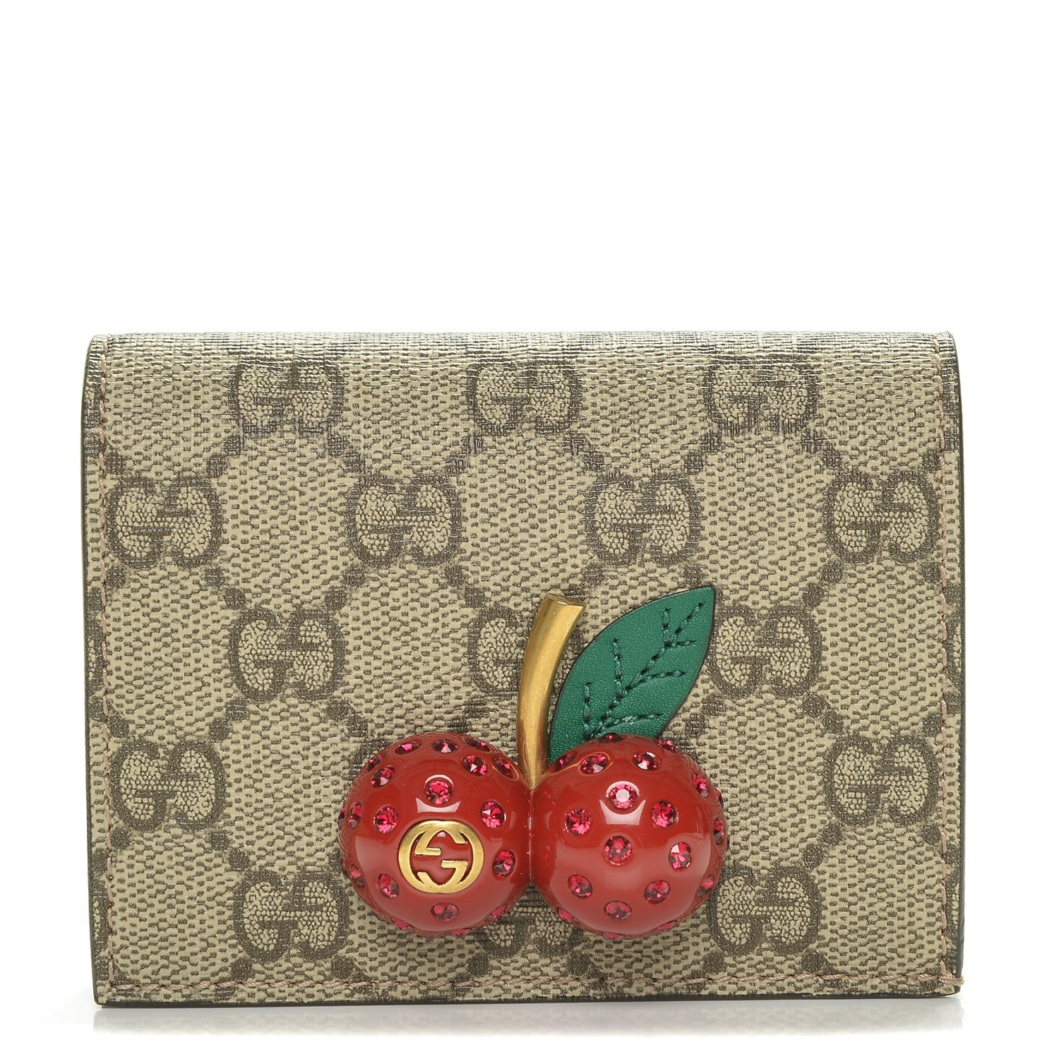 Gucci GG Supreme Monogram Cherry Embellished Card Case Wallet Hibiscus Red 1 of 6