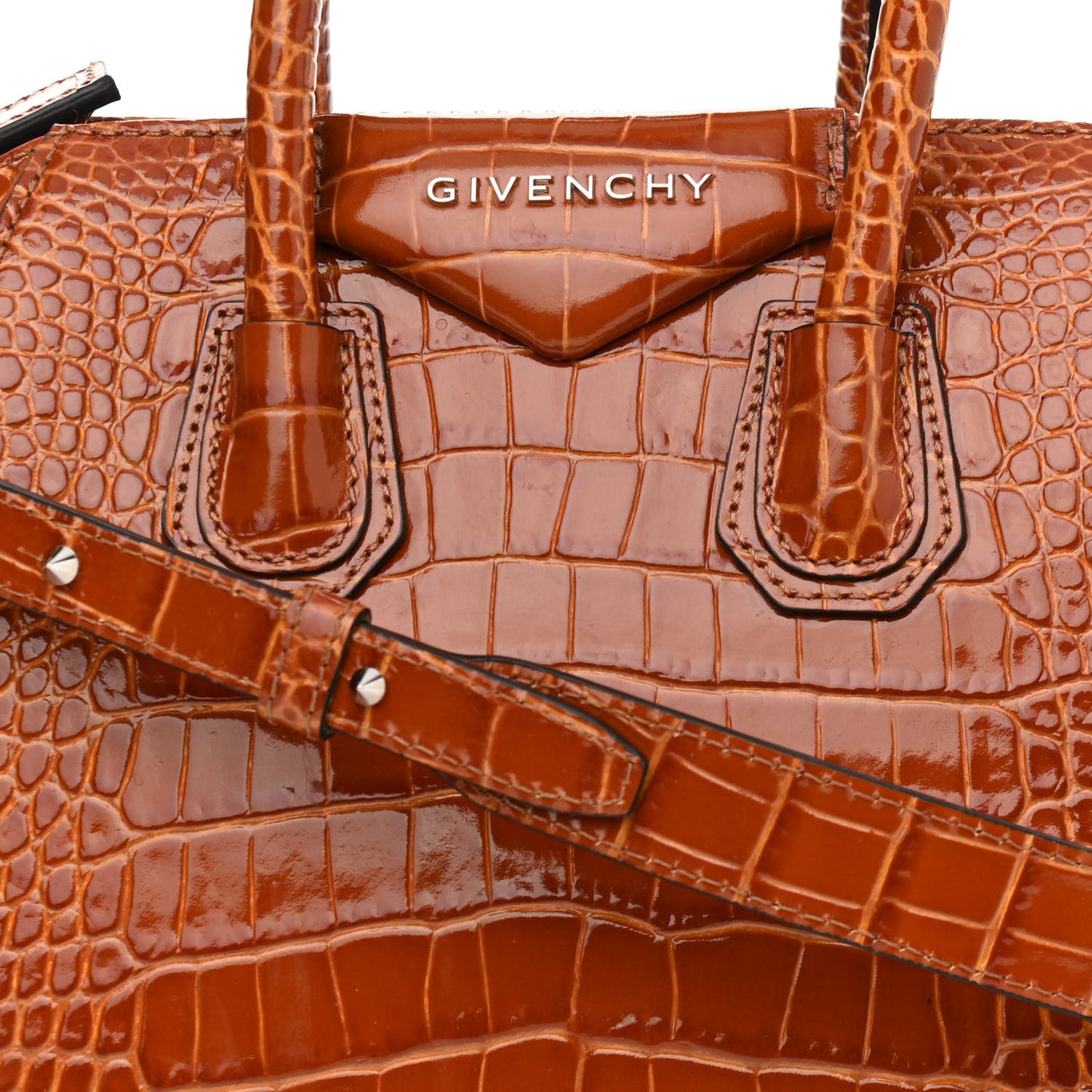 Calfskin Crocodile Embossed Mini Antigona Chestnut