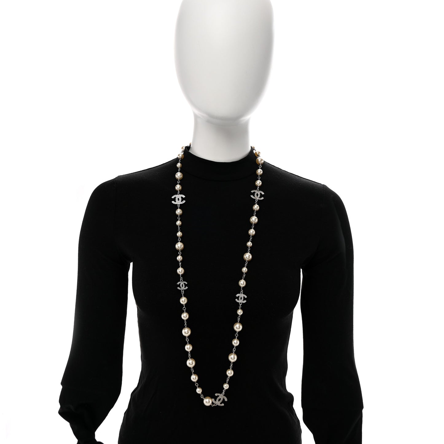 Crystal Pearl CC Long Necklace Silver