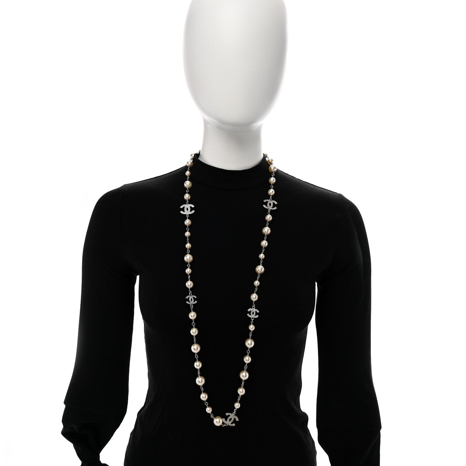 Chanel Crystal Pearl CC Long Necklace Silver 2 of 7