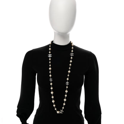 Chanel Crystal Pearl CC Long Necklace Silver 2 of 7