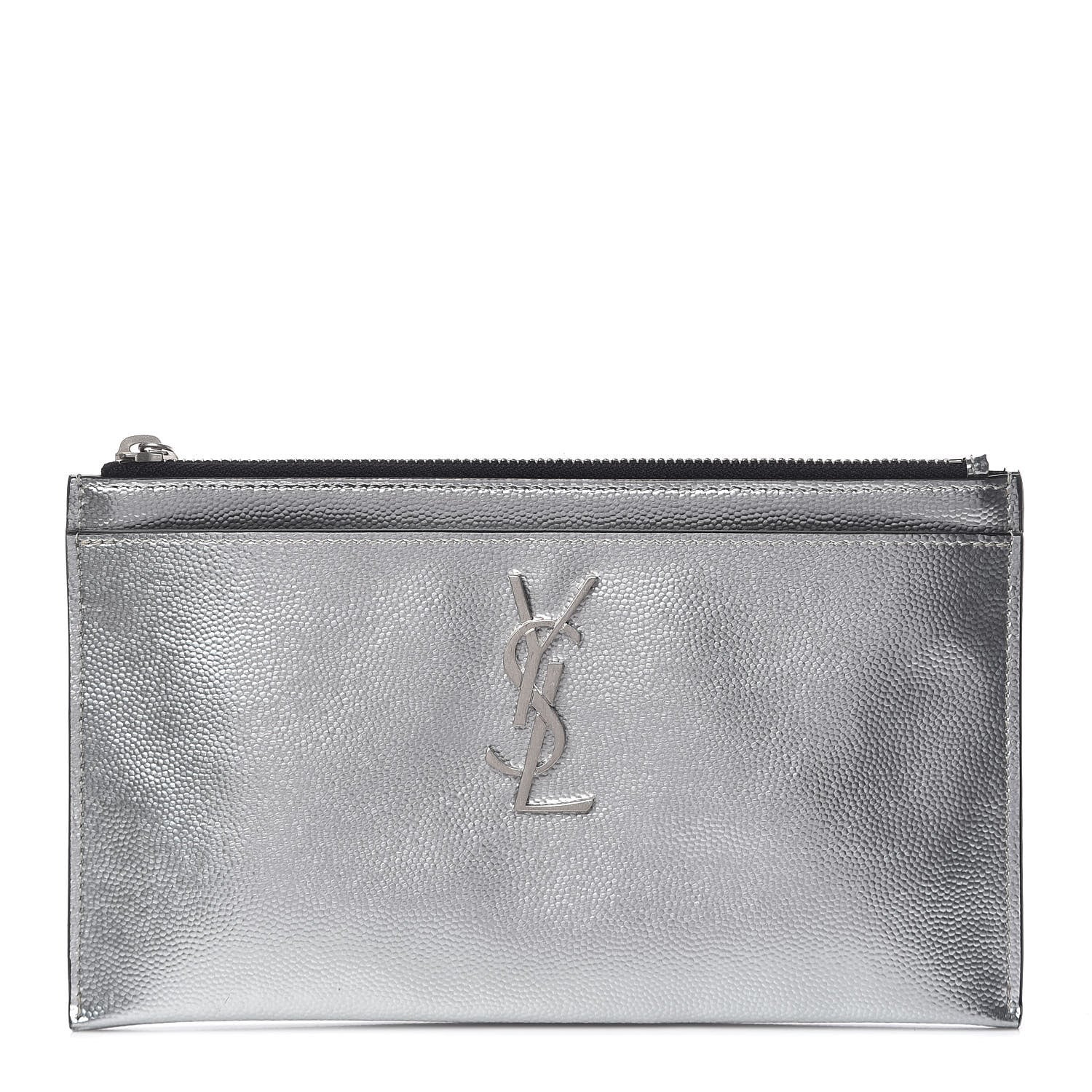 Saint Laurent Metallic Grain De Poudre Monogram Bill Pouch Argento 1 of 9