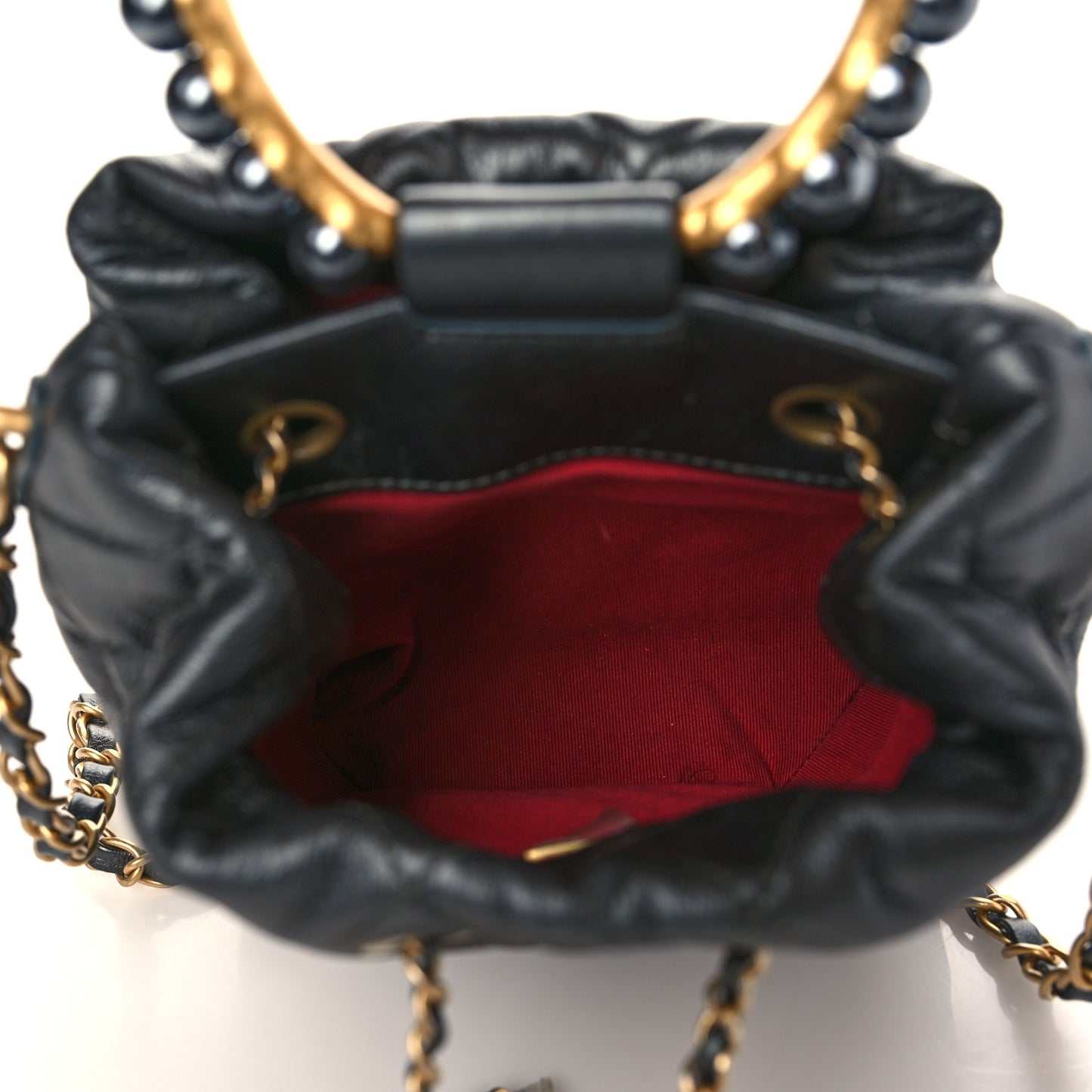 Metallic Lambskin Quilted Pearl Crown Drawstring Bag Anthracite