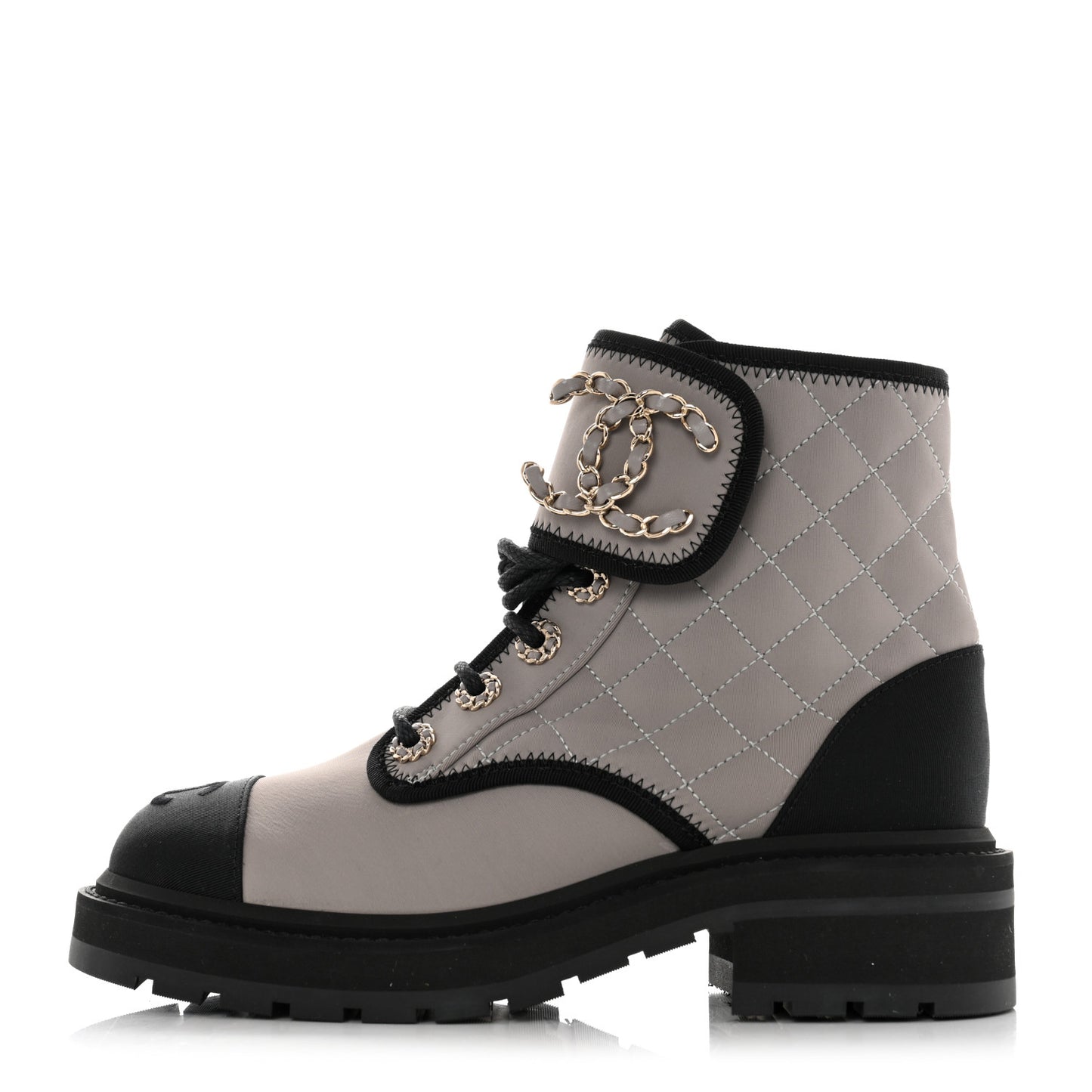 Fabric Grosgrain Quilted Cap Toe Lace Up Combat Boots 35.5 Gray