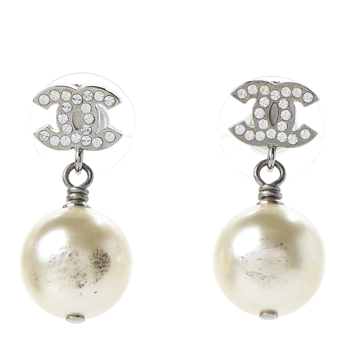 Crystal Pearl CC Drop Earrings Silver