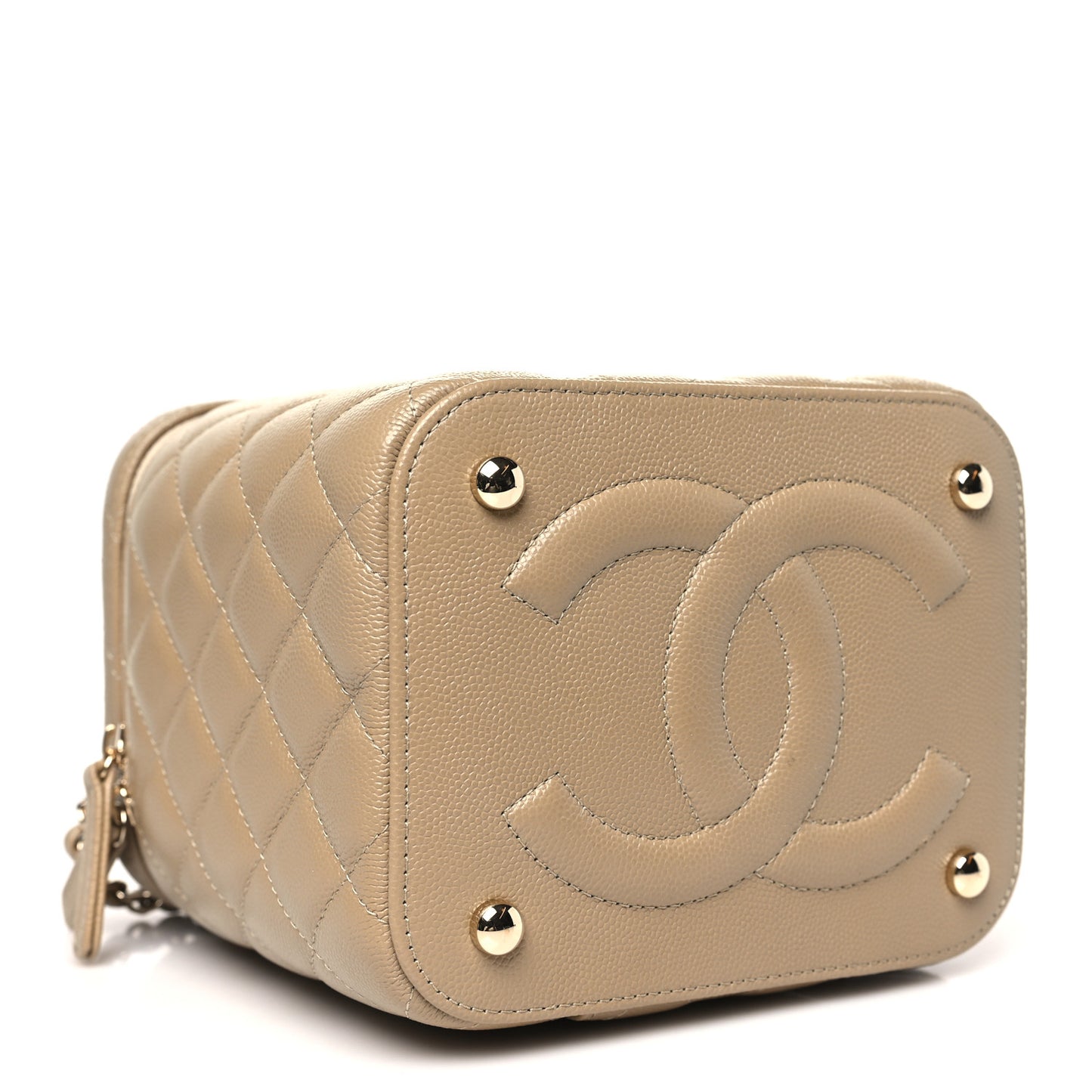 Caviar Quilted Small Top Handle Vanity Case With Chain Dark Beige