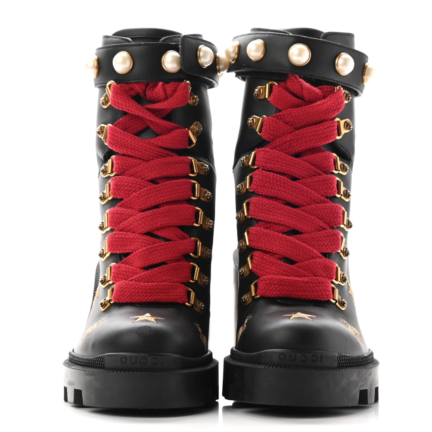 Gucci Calfskin Embroidered Lace Up Combat Ankle Boots 36 Black 2 of 16