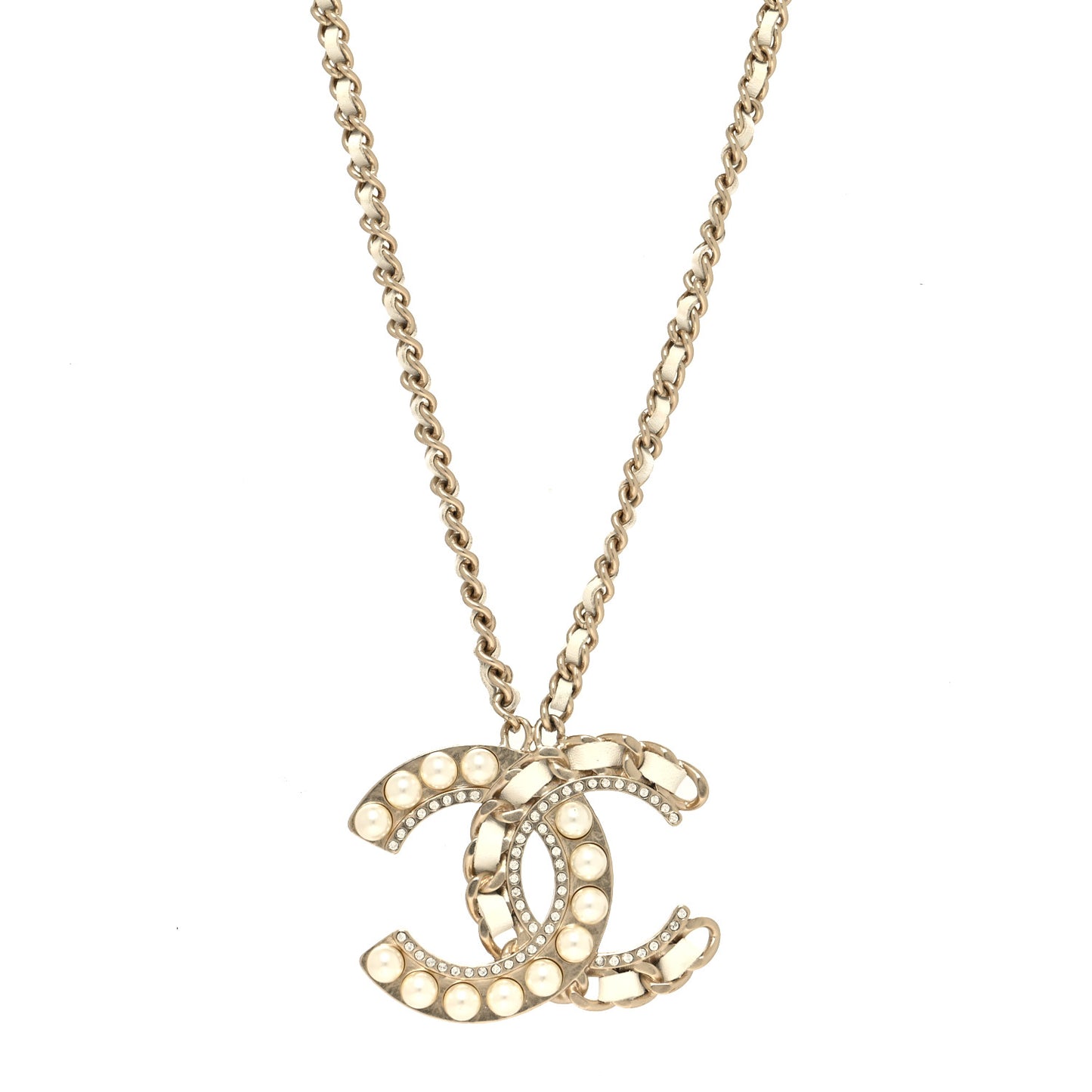Pearl Crystal Lambskin Chain CC Necklace White Gold