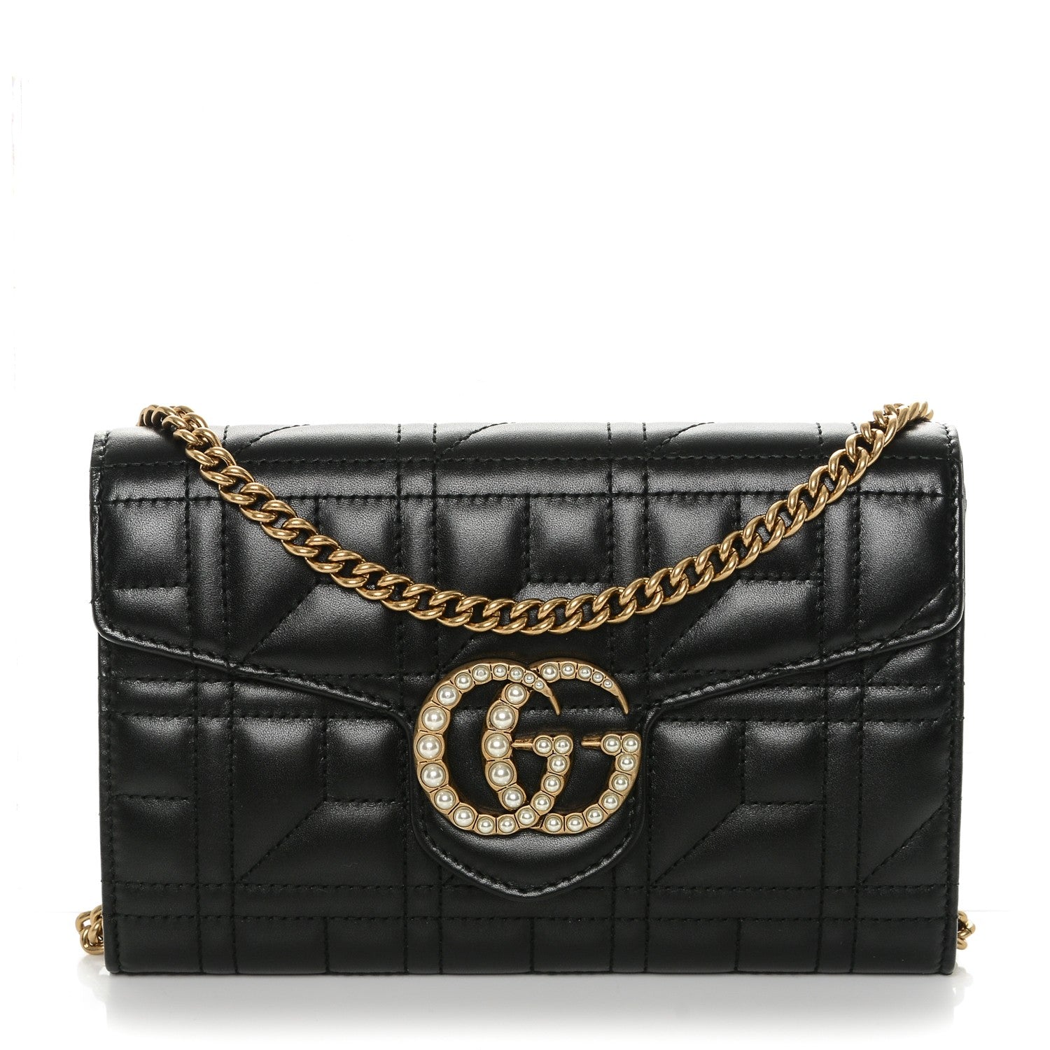 Gucci Calfskin Matelasse Mini Pearly GG Marmont Chain Wallet Black 1 of 6
