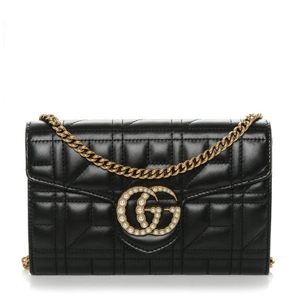 Gucci Calfskin Matelasse Mini Pearly GG Marmont Chain Wallet Black 1 of 6