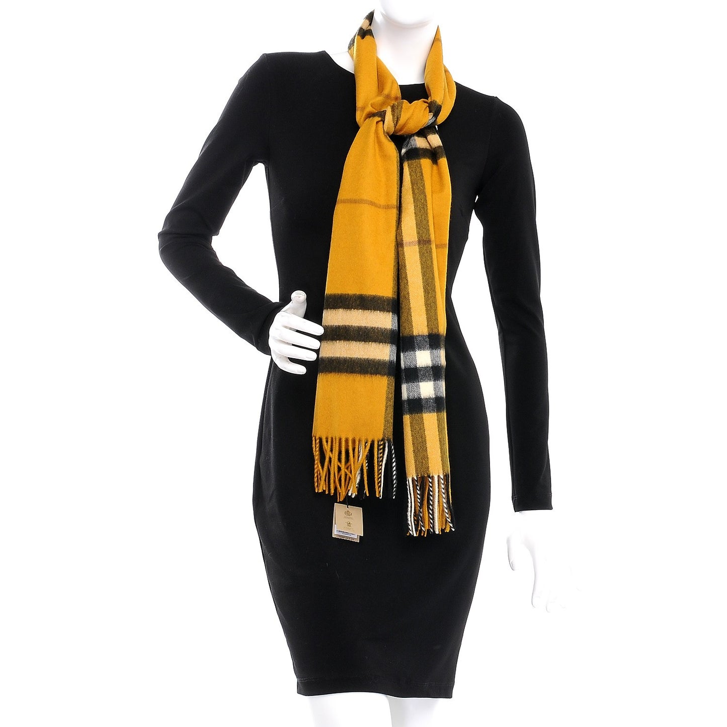 Cashmere Giant Check Fringe Scarf Amber Yellow
