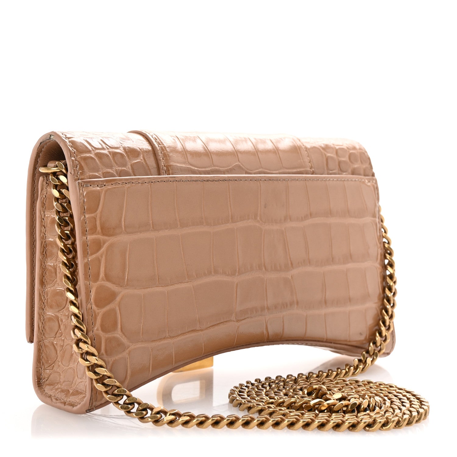 Balenciaga Shiny Calfskin Crocodile Embossed Hourglass Wallet on Chain Nude Beige 3 of 9